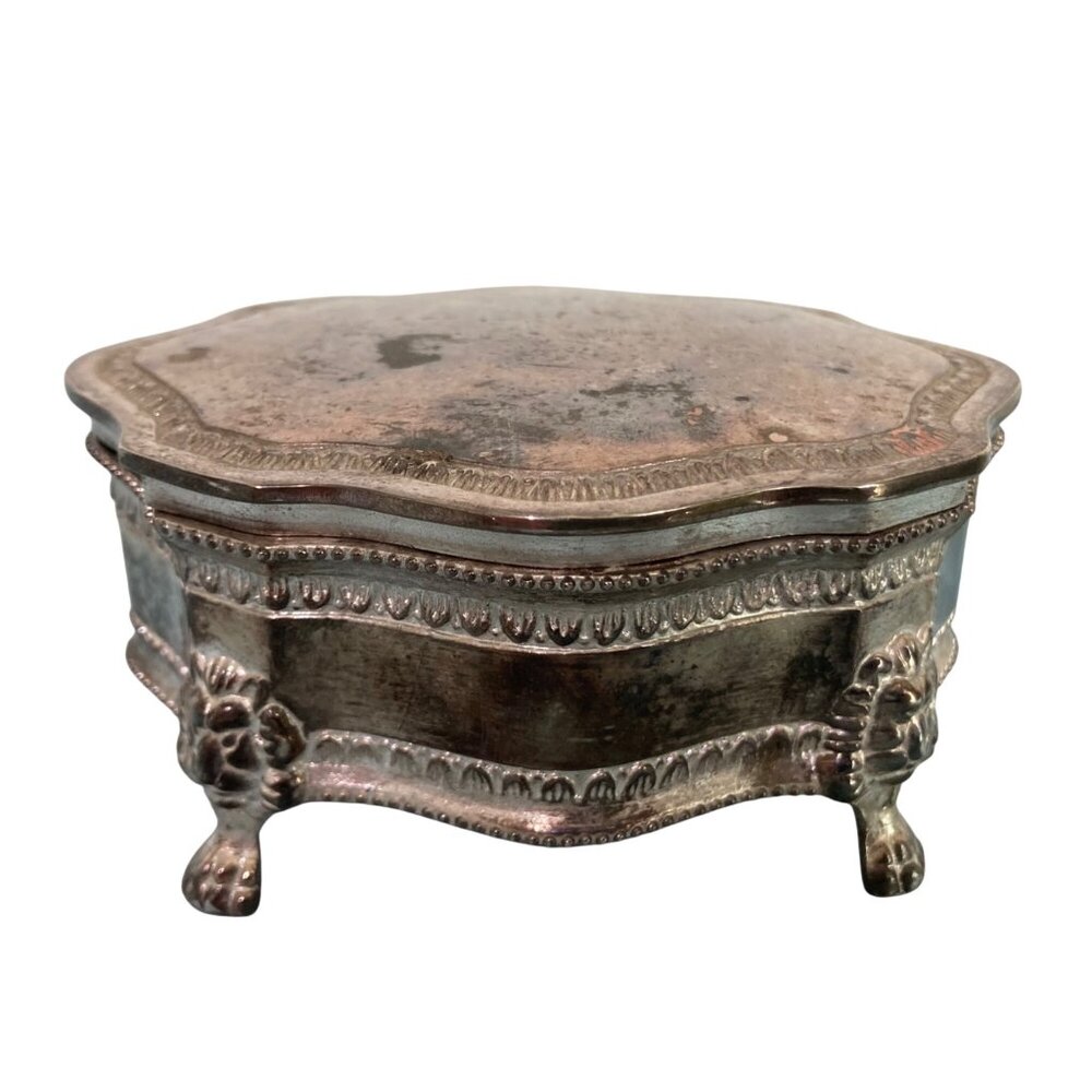 Vintage Ornate Silver-Plated Jewelry Box With Lion Paw Feet Blue Velvet Lined